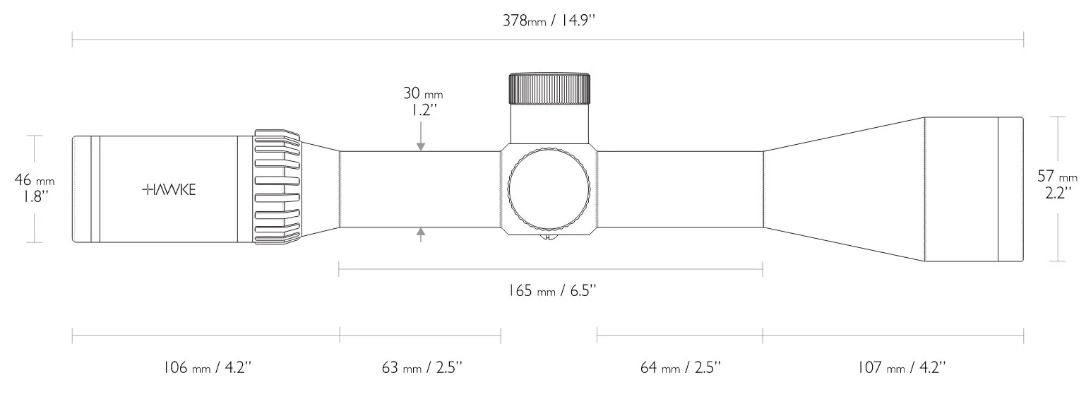 Hawke Airmax Zielfernrohr 30 WA SF 6-24x50 AMX IR Leuchtabsehen - Big Side Wheel - Sonnenblende - 1/10 MRAD Abmessungen
